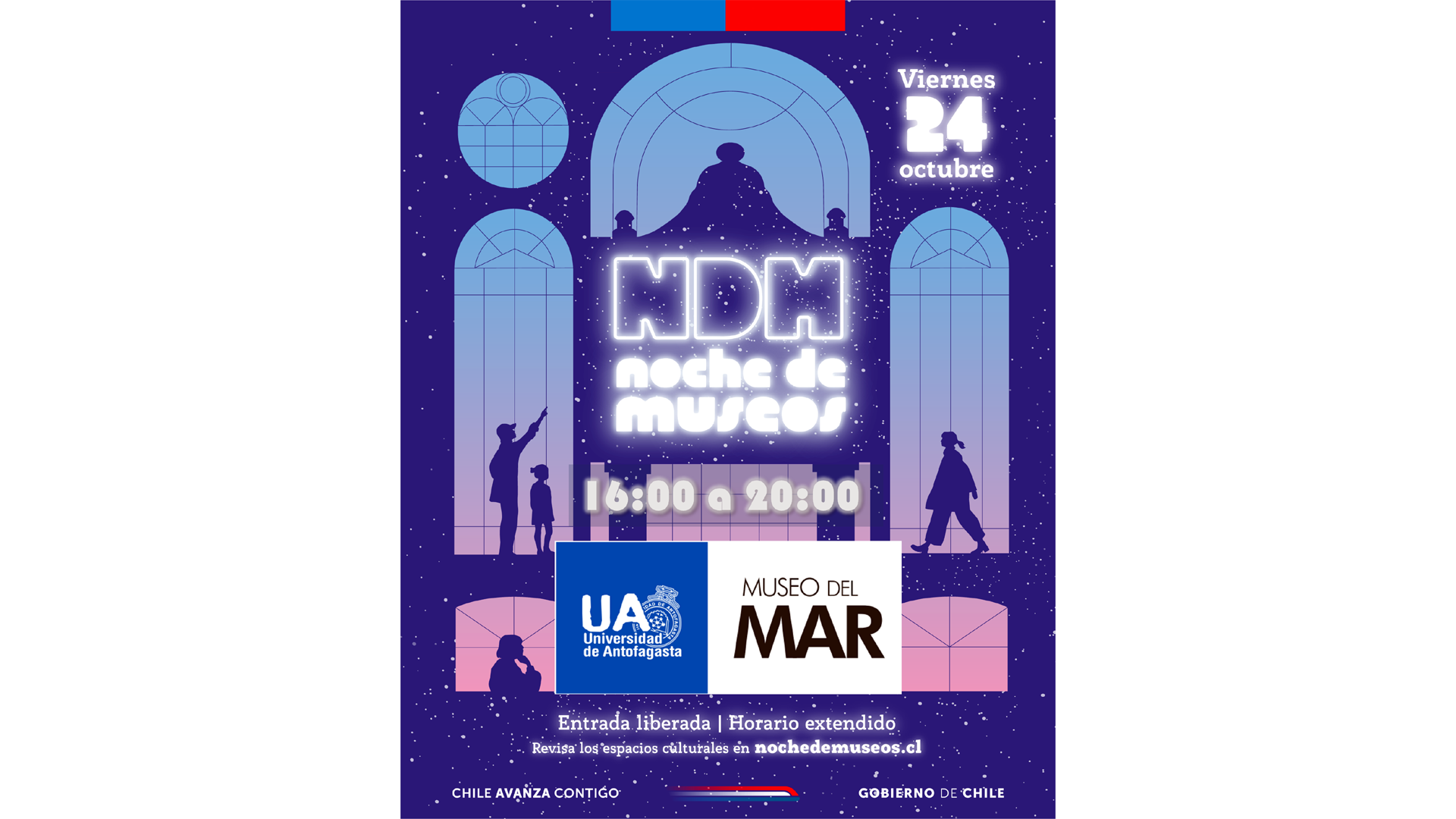 afiche con invitación a la noche de Museos del Museo del Amr, Antofagasta
