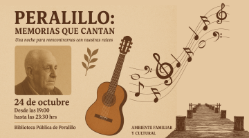 “Peralillo: Memorias que Cantan”. Muestra el retrato de un hombre mayor, una guitarra clásica y hojas decorativas. Incluye información del evento con fecha 24 de octubre, de 19:00 a 23:30 hrs, en la Biblioteca Pública de Peralillo. El diseño transmite calidez, tradición y conexión con la memoria local.